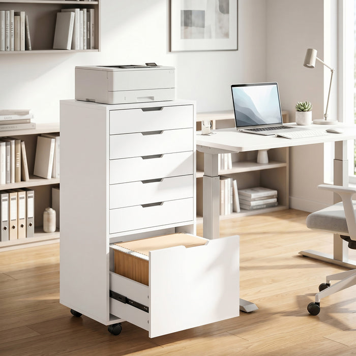 HOMCOM 6 Drawer Vertical File Cabinet with Lockable Wheels, White