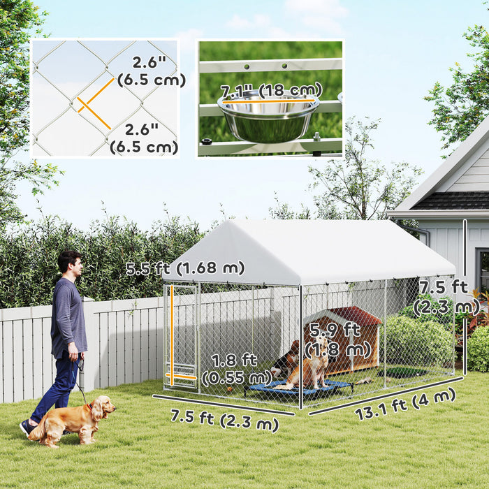 Pawhut Outdoor Dog Kennel With Roof, Heavy Duty Dog Run Outdoor Fence Cage With Adjustable & Rotating Bowls, Waterproof Uv-resistant Cover, Secure Lock, 13.1' X 7.5' X 7.5'