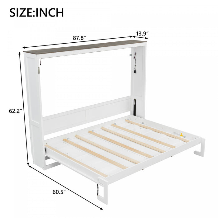 Olivia Solid Wood Murphy Bed with LED Light and Foldable Cabinet,Full Size,White Full Bed