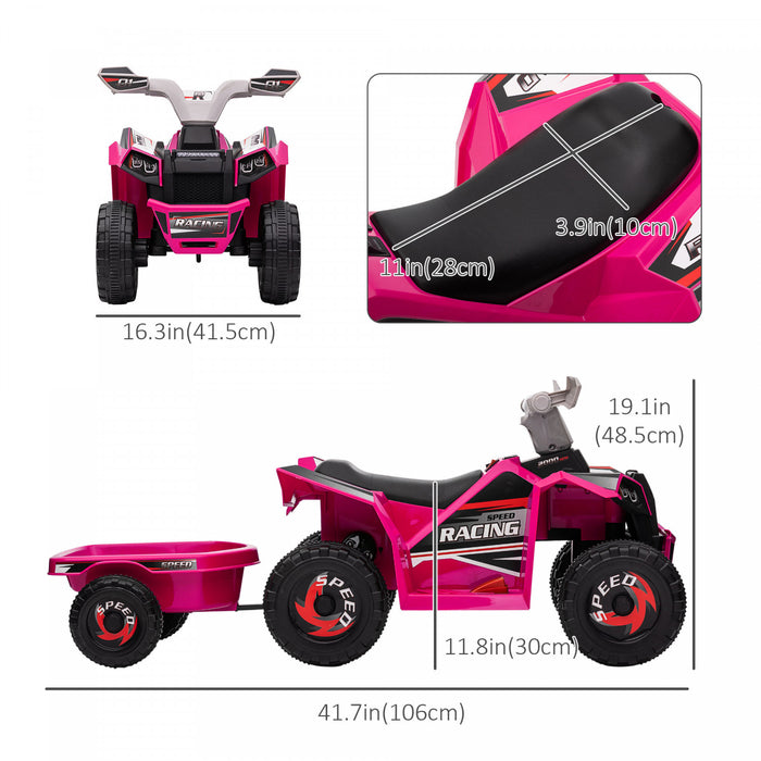 Aosom 6v Kids Atv Quad, Battery Powered Ride-On Electric Vehicle For Kids With Back Trailer, Wear-resistant Wheels, For Boys And Girls - Pink