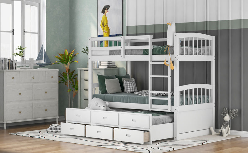 Sean Solid Wood Convertible Design Bunk Bed With Trundle And Drawers, Twin Size, White