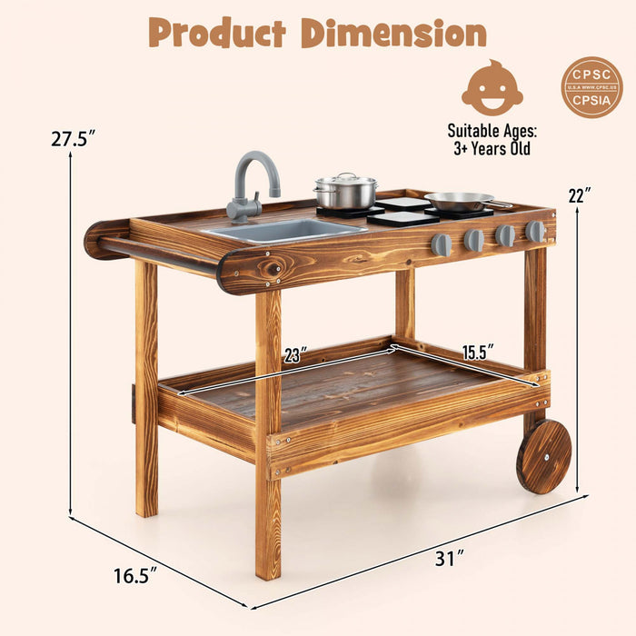 Costway Kids Wooden Mud Play Kitchen Cart With Sink, 4 Stoves & Storage Shelf Natural