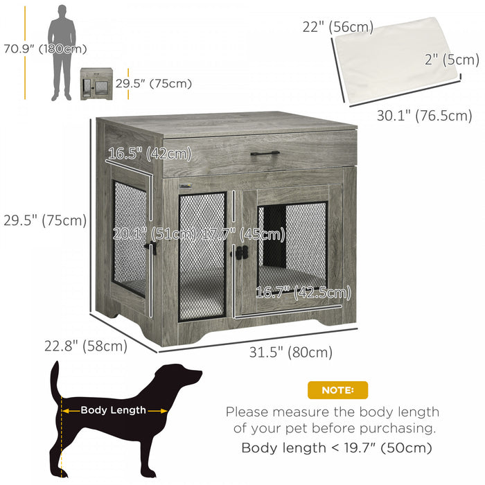 Pawhut 32in Dog Crate Furniture With Cushion, 2 Doors, Dog Kennel End Table With Storage, Indoor Dog Cage For Small Medium Dogs, Grey