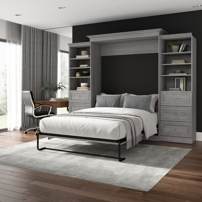 Bestar Versatile Queen Murphy Bed and Two Closet Organizers with Drawers (115 W) - Platinum Grey