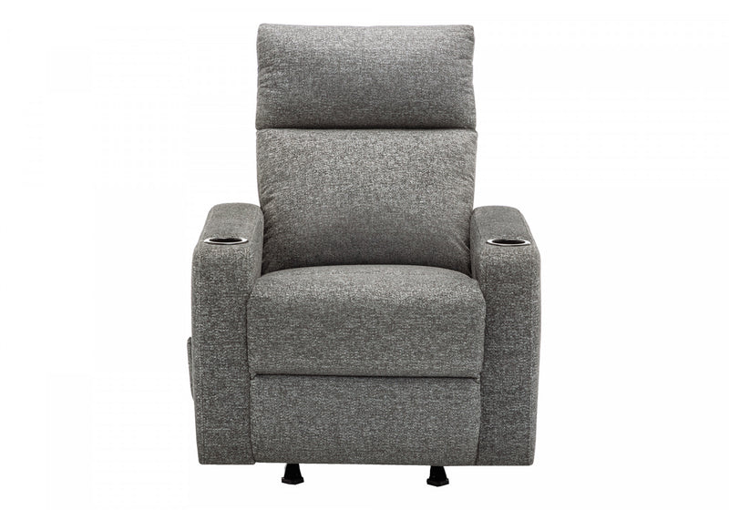 MONARCH SPECIALTIES 30\" WIDE UPHOLSTERED RECLINING CHAIR, MANUAL ROCKER, CUP HOLDERS, DARK GREY FABRIC RECLINER