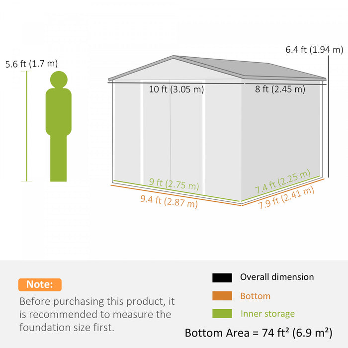 Outsunny 10' x 8' Metal Shed, Heavy Duty Outdoor Storage Shed, Dark Grey