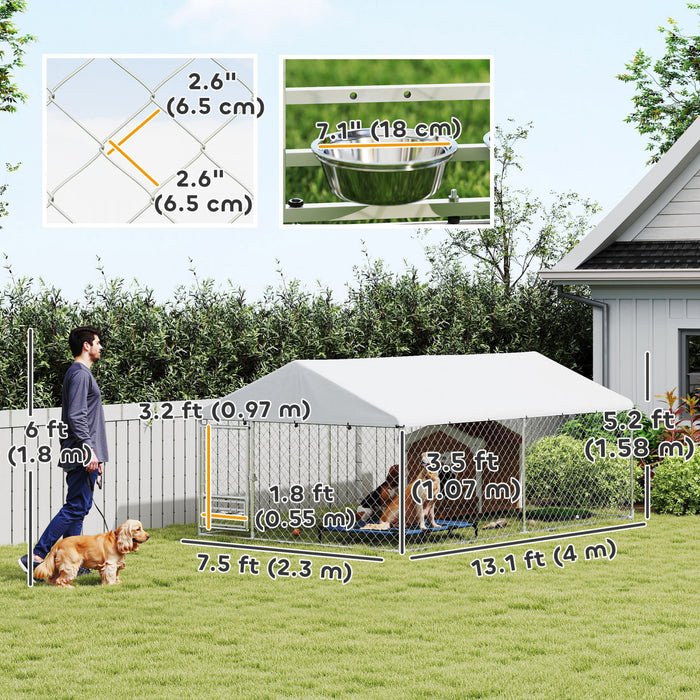Pawhut Outdoor Dog Kennel With Roof, Heavy Duty Dog Run Outdoor Fence Cage With Adjustable & Rotating Bowls, Waterproof Uv-resistant Cover, Secure Lock, 13.1' X 7.5' X 5.2'