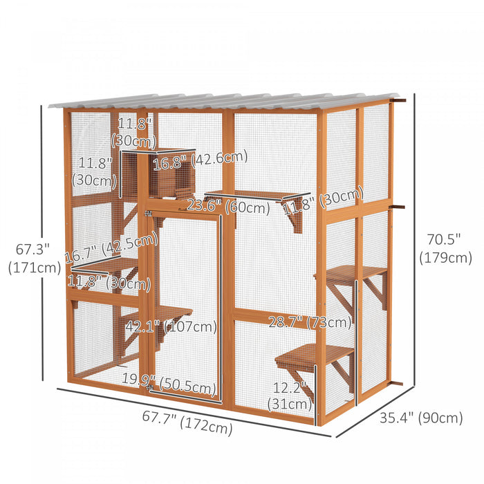 Pawhut Catio Outdoor Cat Enclosure, Wooden Outdoor Cat House Window Box With Weatherproof Roof, Bridge, Resting Box, Platforms, Cat Cage For 2 Kittens, Orange