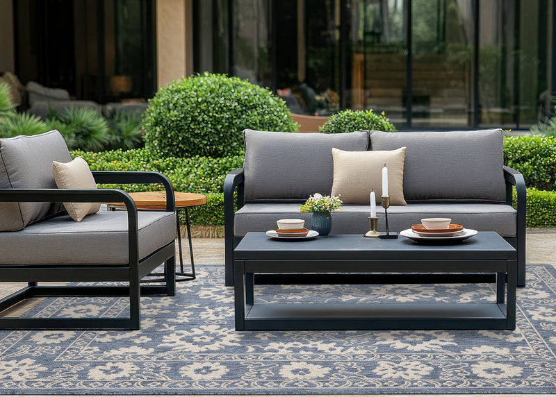 Cabana Blue White Elegant Border Outdoor Rug, 6'7\" x 9'6\" Outdoor Area Rug