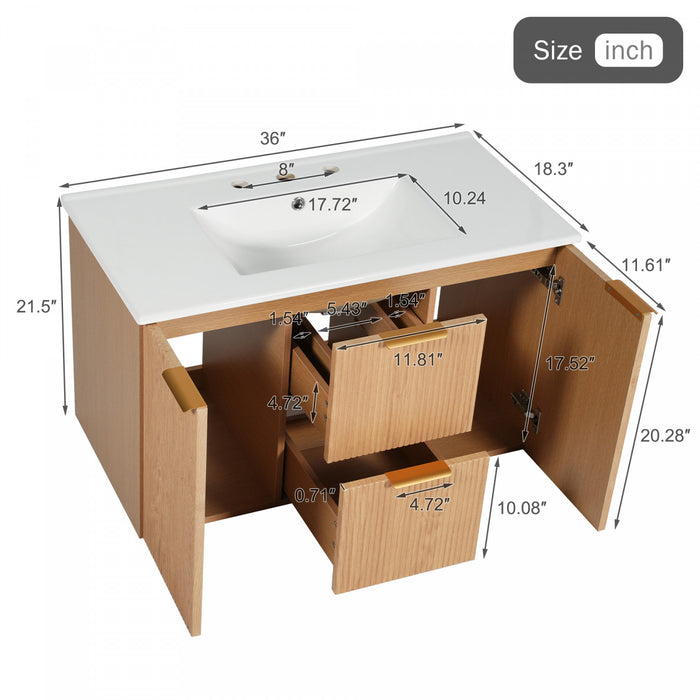 Aiden 36-Inch Wall-Mounted Bathroom Vanity with Soft-Close Storage and Ceramic Sink,Wood