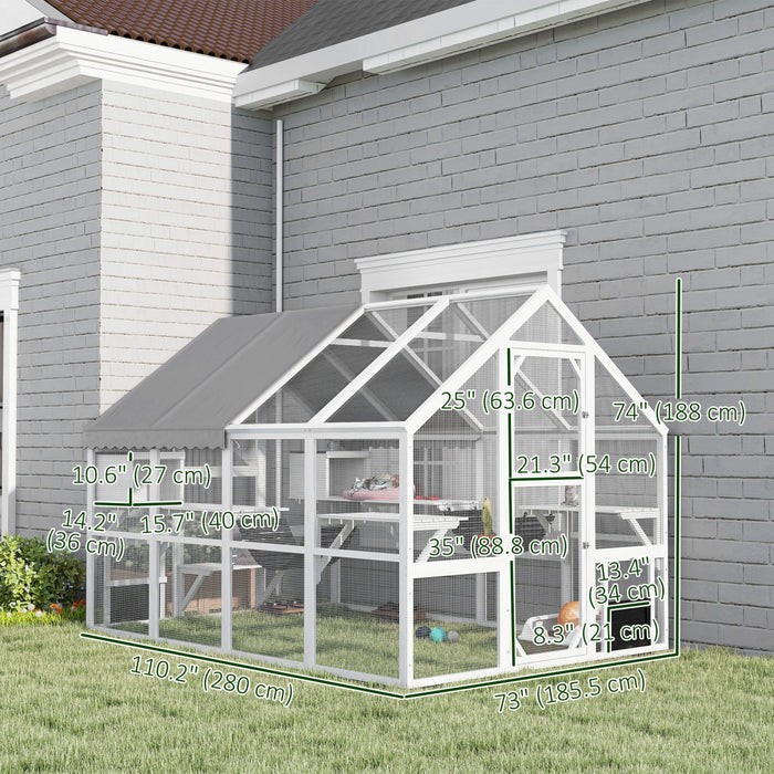 PawHut Extra Large Catio Outdoor Cat Enclosure, 110\"L Wooden Feral House with Weatherproof Canopy, Bridges, Resting Boxes, Platforms, Walk in Cat Cage for 3–6 Cats, White