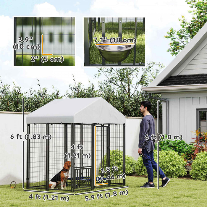 Pawhut 5.9' X 4' X 6' Dog Run Outdoor, Large Outdoor Dog Kennel Welded Wire Steel Fence With Uv-resistant & Waterproof Cover, Rotating Adjustable Bowls, Secure Lock, Silver