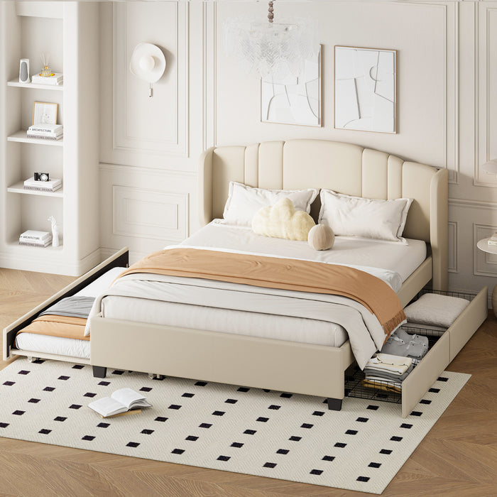 Jean Upholstered Platform Bed with Wingback Headboard and Storage Drawers,Queen Size,Beige Queen Bed