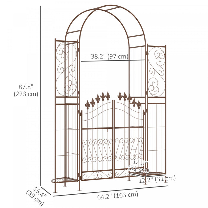 Outsunny 7ft Garden Gate Arbor Wedding Arch With Doors Plant Shelves, Brown