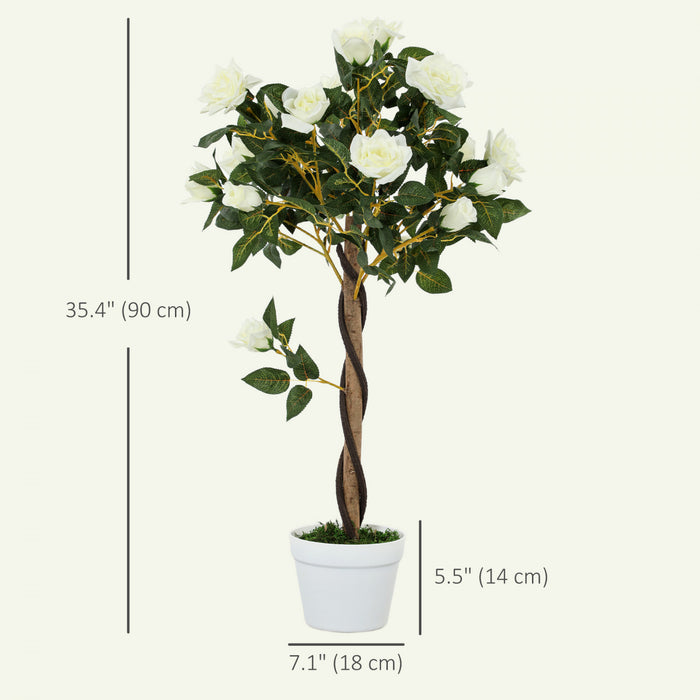 Outsunny Artificial Rose Tree Set of 2 with Realistic Flowers, White
