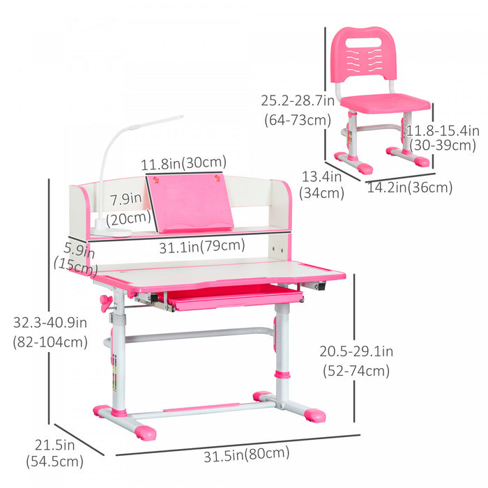 Qaba Kids Desk And Chair Set Height Adjustable Student Writing Desk Children School Study Table With Led Lamp, Bookshelf, Drawer, Reading Board, Pen Slot, Hook, Pink