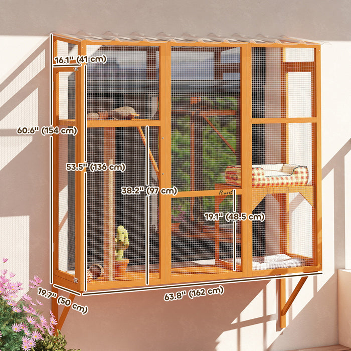 PawHut Catio Outdoor Cat Enclosure, Cat Window Box for 2-3 Cats with 2 Jumping Platforms & Scratching Post, Expendable Secure Window Perch House for Large Indoor Cats, Orange