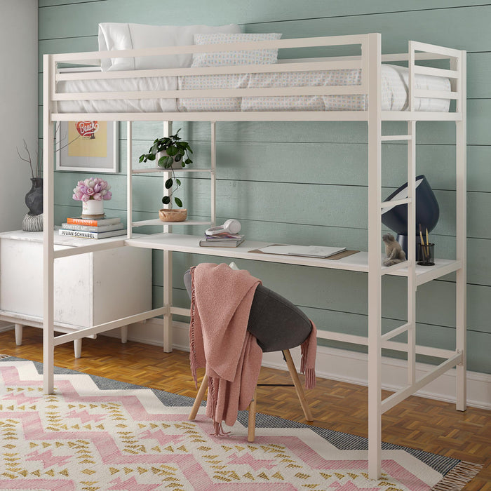 Novogratz Maxwell Metal Twin Loft Bed with Desk - Off-White