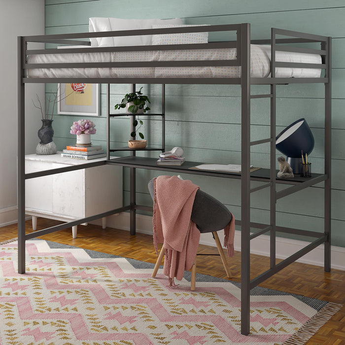 Novogratz Maxwell Metal Full Loft Bed with Desk - Grey Black