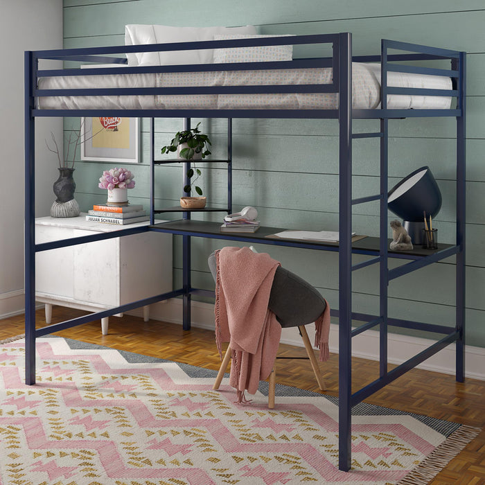 Novogratz Maxwell Metal Full Loft Bed with Desk & Shelves - Navy/Black