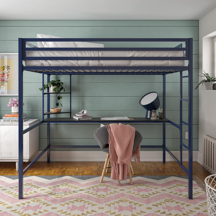 Novogratz Maxwell Metal Full Loft Bed with Desk & Shelves - Navy/Black