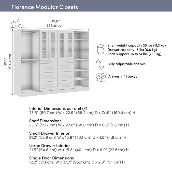 Bestar Florence 100\" Modular Walk-In Closet System with LED Lights, Rods, Shelves, Drawers and Doors Shaker Style - White