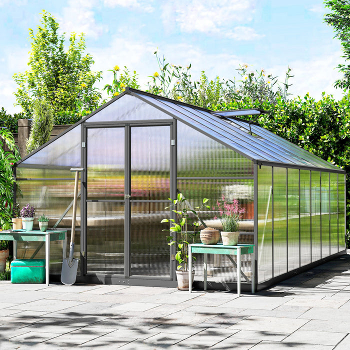 Outsunny Polycarbonate Greenhouse, Aluminum Walk-in Green House, Dark Grey