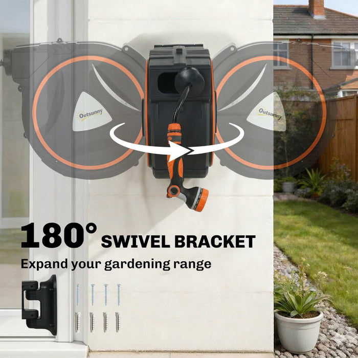 Outsunny Retractable Garden Hose Reel, 1/2\" x 59ft Wall Mounted Hose Reel with 12-Pattern Nozzles, Auto Retraction, Self-Locking, Slow Return System, 180° Swivel Bracket