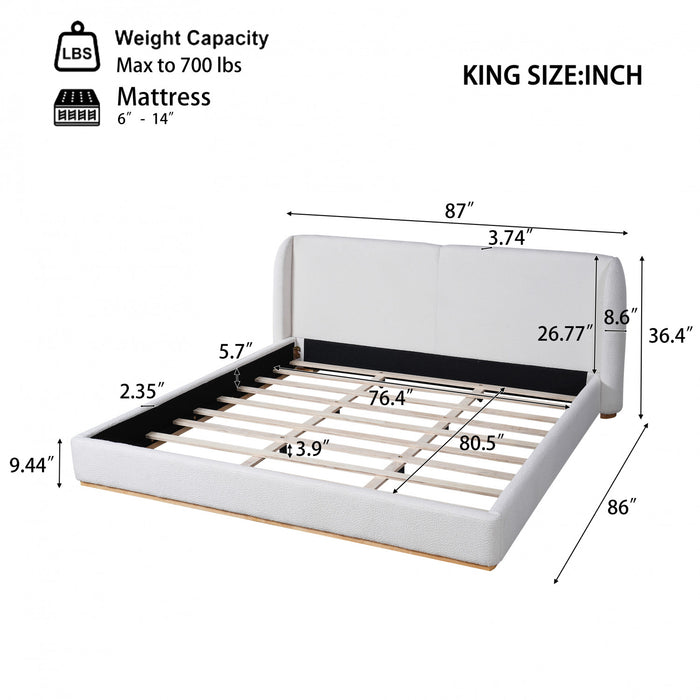 Lucas Low Profile Platform Bed Boucle Upholstered Wingback Headboard,King Size ,White King Bed