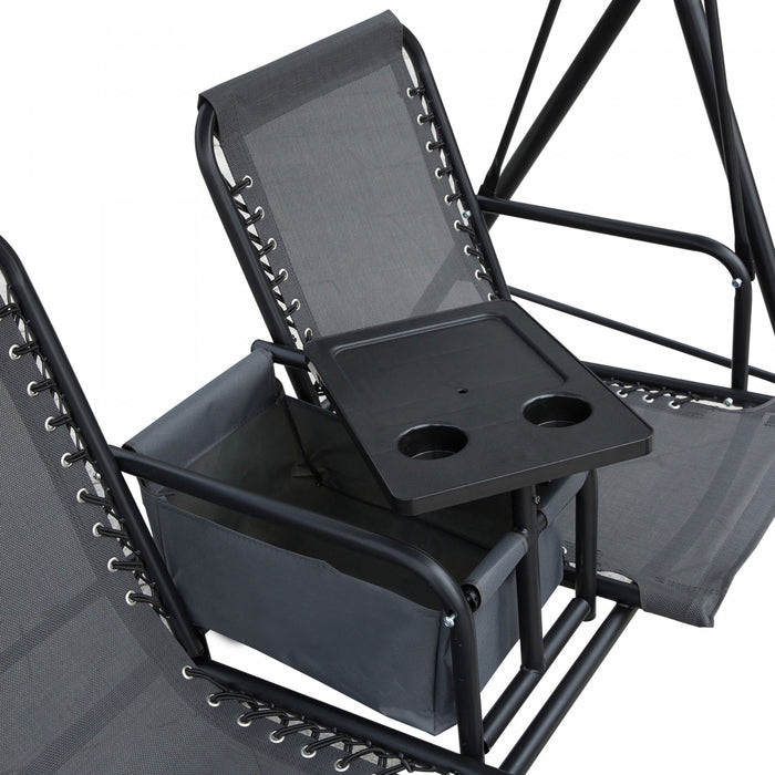 Outsunny 2 Person Patio Swing Chair Porch Swings Bench Swing Glider With Pivot Storage Table, Cup Holder, & Adjustable Overhead Canopy, Gray