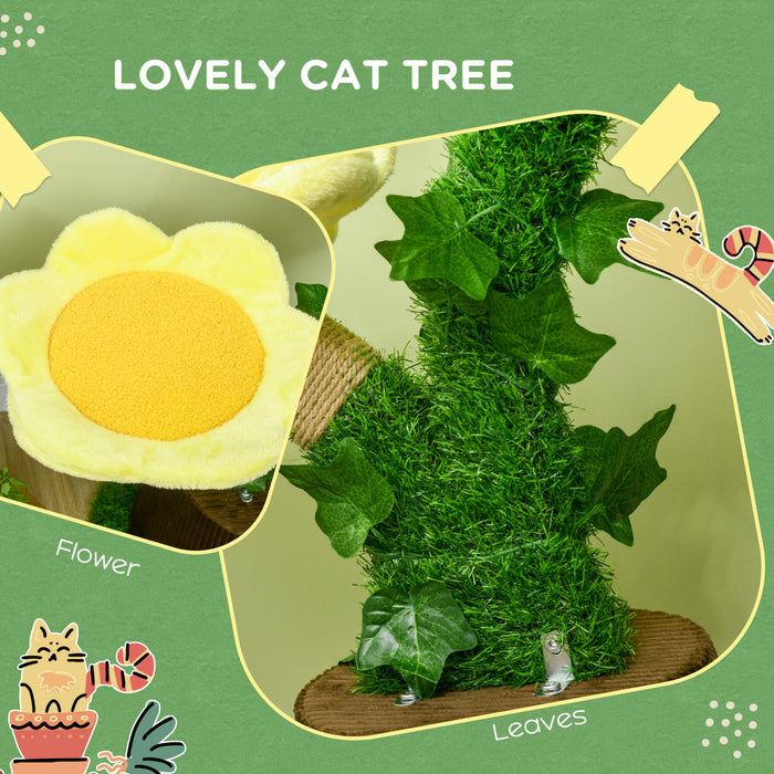 Pawhut 18\" Plush Cat Tree With Two Flower Platforms, Multi-activity Centre Cat Tower With Jute Scratching Posts, Elevated Perches, Round Roomy Condo With Door, Green