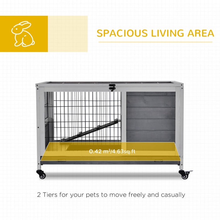 Pawhut Wooden Indoor Rabbit Hutch Elevated Bunny Cage Habitat With Enclosed Run With Wheels, Ideal For Rabbits And Guinea Pigs, Grey