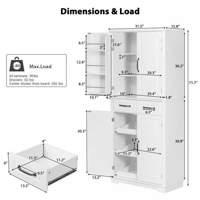 Fabian 72\" Adjustable Shelves Pantry Cabinet With Pull-out Organizers - White