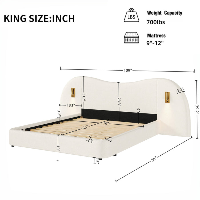Garcia Cloud-Shaped Boucle Upholstered Bed with Built-In Reading Lights and USB Ports,King Size,White King Bed
