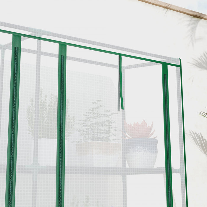 Outsunny Lean-to Mini Greenhouse W/ 3 Tier Shelves, 3 Roll-up Doors, White