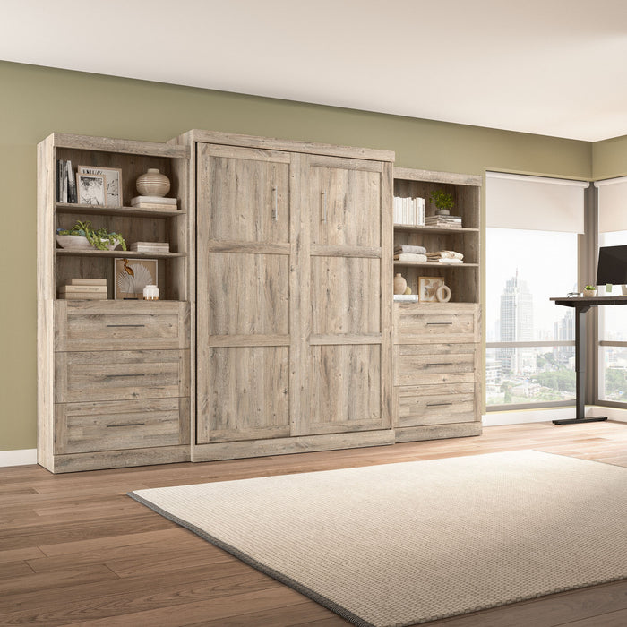 Bestar Pur Queen Murphy Two Shelving Units with Drawers 136-Inch Wall Bed - Rustic Brown