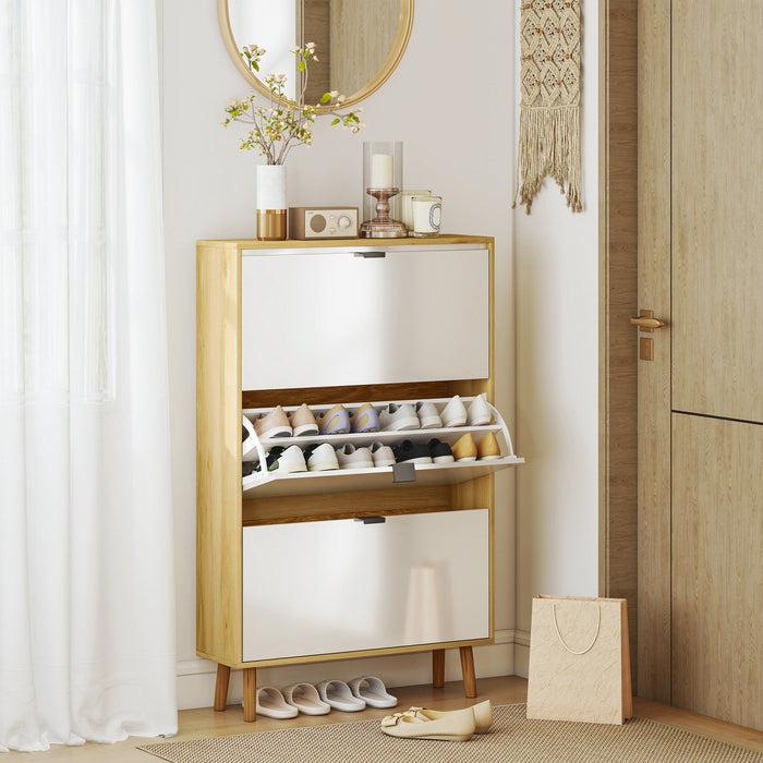 HOMCOM Narrow Shoe Cabinet, 3 Flip Drawers Shoe Storage Cabinet, White