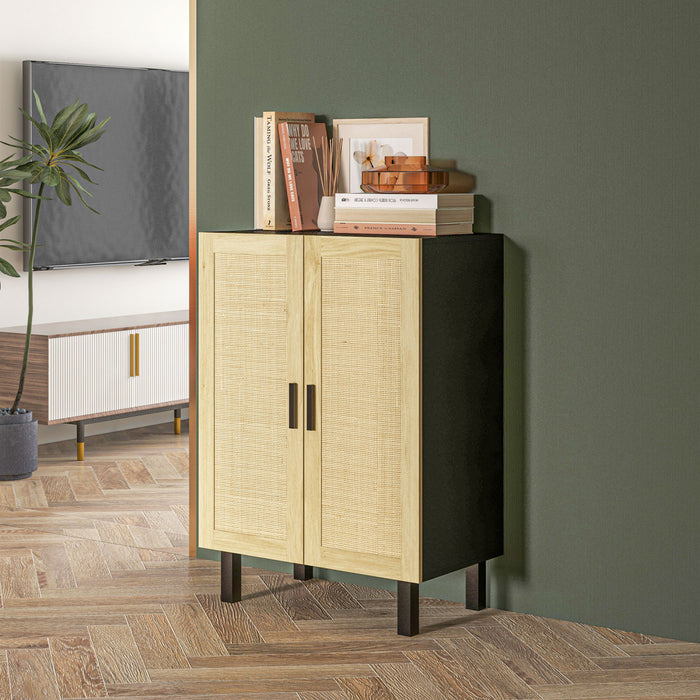 HOMCOM Boho Sideboard Buffet Cabinet with 2 Rattan Doors, Black