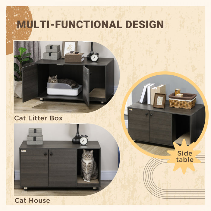 Pawhut Cat Litter Box Enclosure, Industrial Hidden Cat Washroom Furniture, End Table With Double Doors And Scratching Pad For Living Room, Bedroom, Hallway, Black