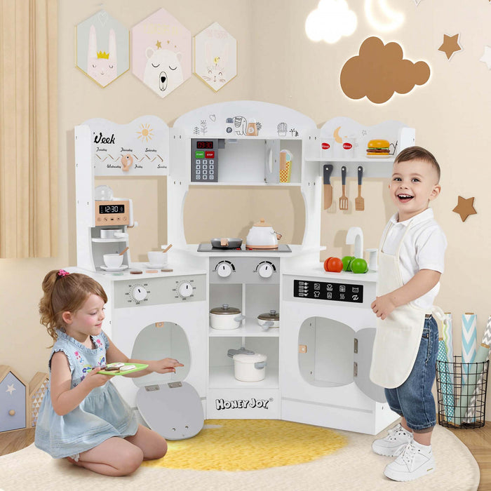 Honeyjoy Corner Kitchen Playset With Coffee Machine Oven Microwave Washing Machine White