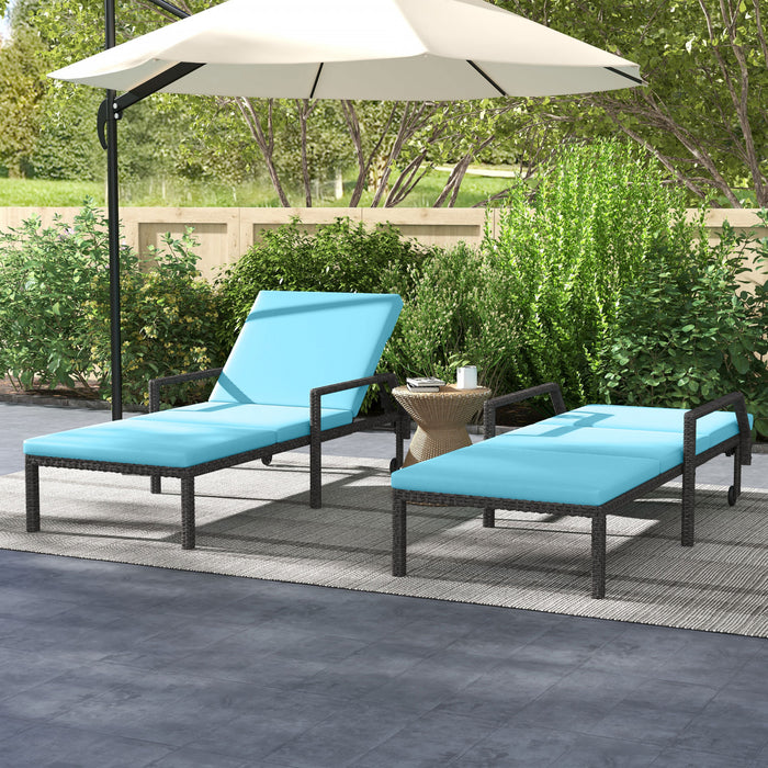 Outsunny 2 Pcs Wicker Patio Loungers W/ Wheels, Adjustable Backrest, Blue