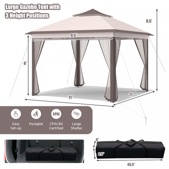 Costway 11'x11' 2-tier Pop-up Gazebo Tent Portable Canopy Shelter Carry Bag Mesh Beige