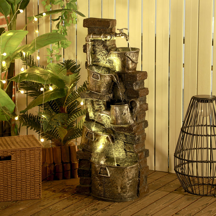 Outsunny Faucet & Barrel Outdoor Fountain, Led Lights, Resin Water Fountain