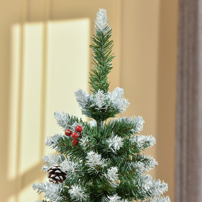 Homcom Flocked Pencil Christmas Tree With Red Berries, Pine Cones, Green