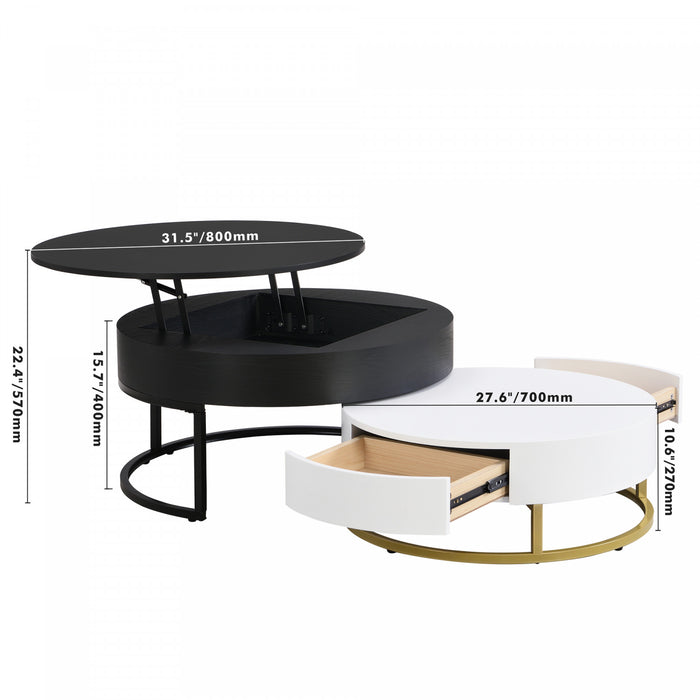 Sherry 31.5\" Round Engineered Wood Lift-top Nesting Coffee Table With Drawers, Black