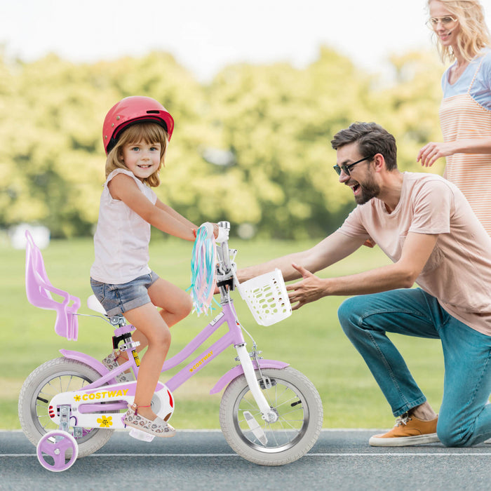 Costway 14 Inch Kids Bike With Training Wheels Doll Seat Basket Streamers Hand Brake Purple