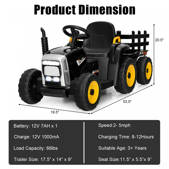 Costway 12v Kids Ride On Tractor With Trailer Ground Loader W/ Rc & Lights Dark Black