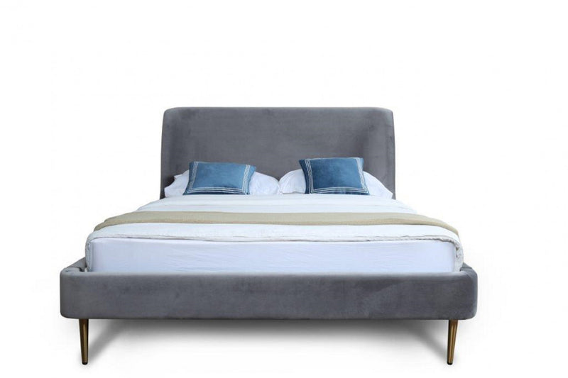 Heather Mid-Century Modern Velvet Upholstered Queen Bed in Gray and Gold