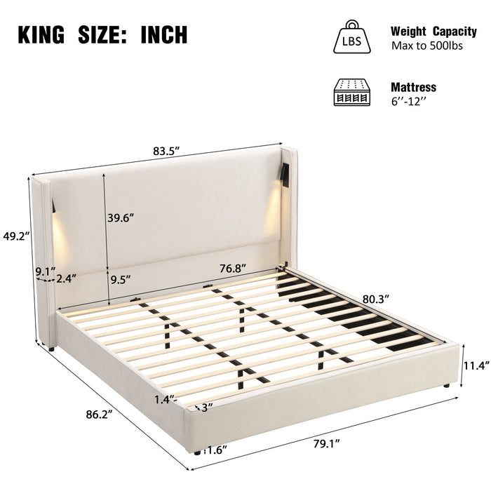 Olivia Upholstered Bed with Wingback Headboard and USB Ports,King Size - Beige