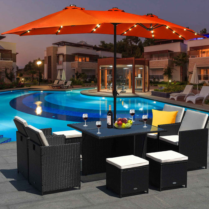 Costway 15Ft Patio Double-Sided LED Market Umbrella Crank Solar Powered Orange